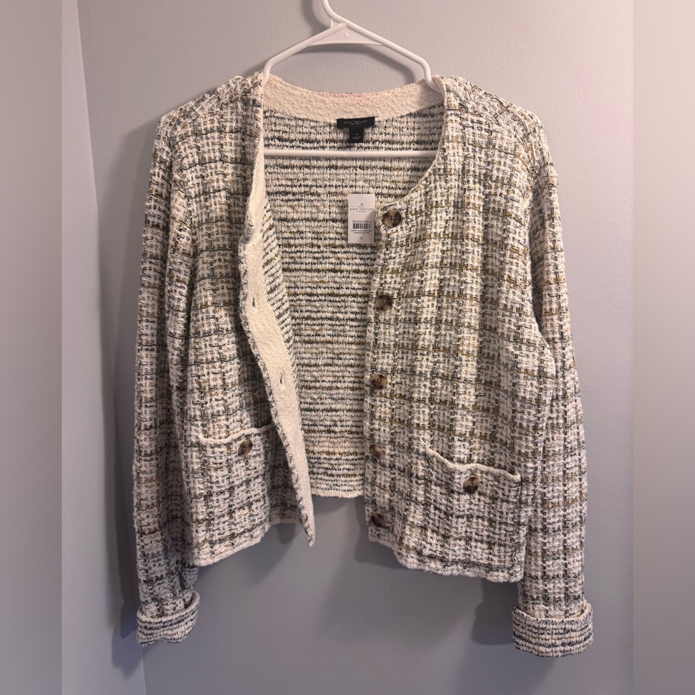 Ann Taylor Cream and Brown Tweed Blazer with Structured Silhouette